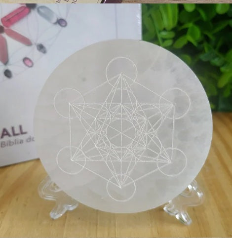 Base Redonda de Selenita Cubo Metatron - 7,5cm