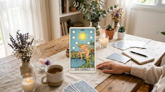 Carta A Estrela do tarot sobre mesa com velas, cristais e cartas ao redor.
