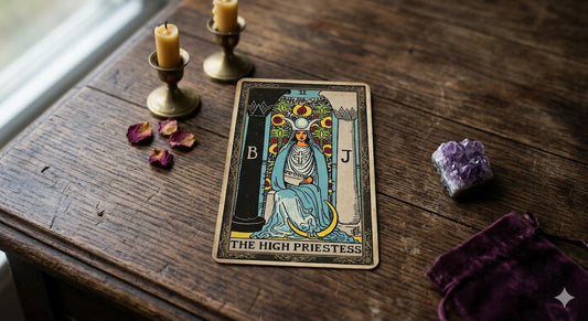 Carta A Sacerdotisa sobre mesa com velas e cristais, representando intuição, mistério e significados da sacerdotisa no tarot do amor.