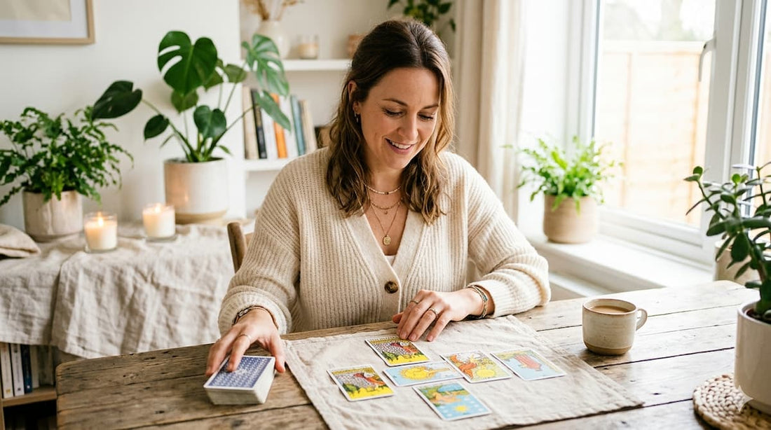 Mulher sorrindo enquanto abre cartas de tarot, em um ambiente acolhedor, ilustrando como o tarot ajuda no autoconhecimento e na reflexão pessoal.