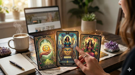 Pessoa realizando leitura de tarot para carreira com cartas abertas sobre a mesa ao lado de notebook e cristais.