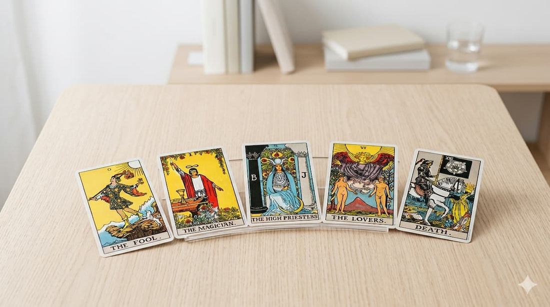 Cartas de tarot alinhadas sobre uma mesa, incluindo figuras como O Louco, O Mago e A Sacerdotisa.