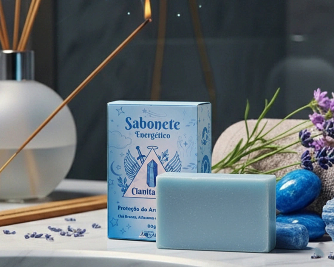 Sabonete de Cianita Azul - Proteção de  Arcanjo Miguel - Chá Branco, Alfazema e Flores 80g