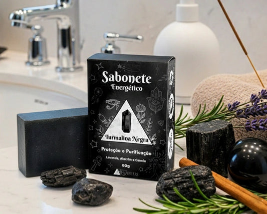 Sabonete de Turmalina Negra Proteção Espiritual Lavanda, Alecrim e Canela 80g