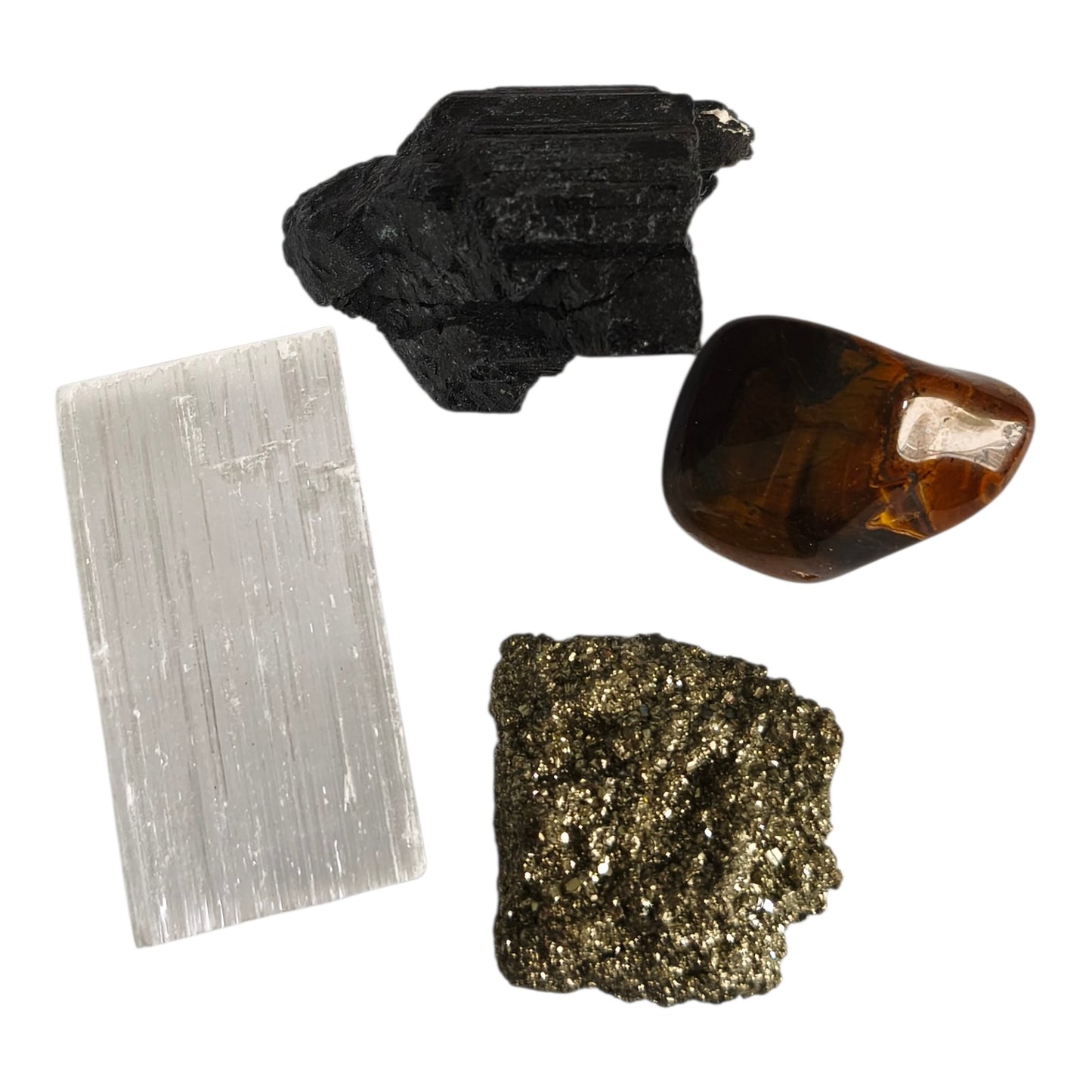 Kit 4 Pedras da Prosperidade & Proteção - Turmalina Negra • Olho de Tigre • Pirita • Selenita