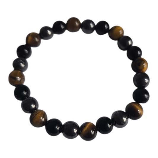 Pulseira Tripla Proteção - Olho de Tigre,Hematita e Obsidiana
